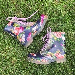 Floral Lace-Up Rain Boots